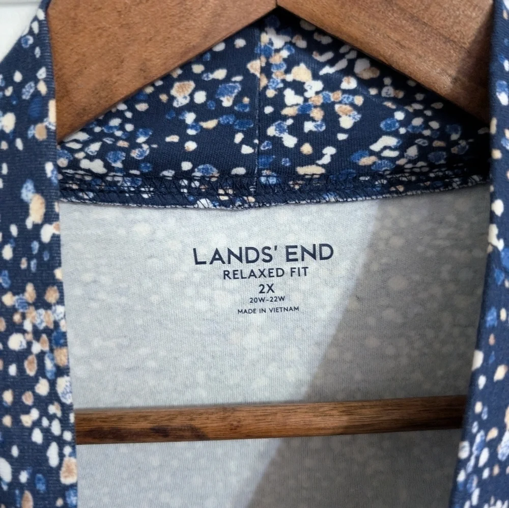 Lands End Top Blue Womens Long Sleeve Mock Neck Plus Size 2X Cotton Dots Relaxed